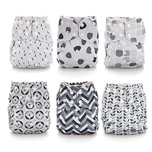 Simple Being Reusable Cloth Diapers, Double Gusset, One Size Adjustable, Washable Soft Absorbent, Waterproof Cover, Eco-Friendly Unisex Baby Girl Boy, six 4-Layers Microfiber Inserts (Greys)