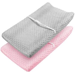 Babebay Changing Pad Cover - Ultra Soft Minky Dots Plush Changing Table Covers Breathable Changing Table Sheets Wipeable Changing Pad Covers Suit for Baby Boy and Baby Girl (Pink & Lt Gray)