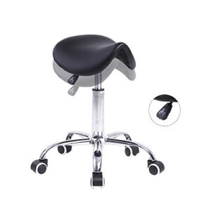 KKTONER Rolling Saddle Stool PU Leather Swivel Adjustable Rolling Stool with Wheels Salon Chair Black