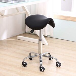 KKTONER Rolling Saddle Stool PU Leather Swivel Adjustable Rolling Stool with Wheels Salon Chair Black