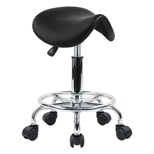 kktoner saddle stool with foot rest pu leather swivel adjustable rolling stool with wheels facial salon chair (black)