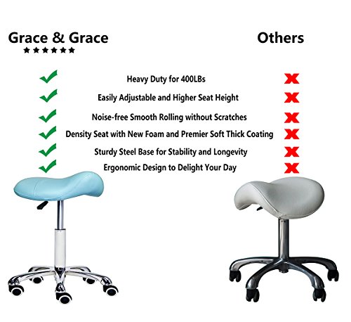 Grace&Grace Professional Saddle Stool Series Hydraulic Swivel Comfortable Ergonomic with Heavy Duty Metal Base for Clinic Dentist Spa Massage Salons Studio