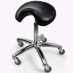 professional salon spa saddle chair and rolling saddle stool. the saddle chair has wheels, luxurious cushion and a solid metal skeleton