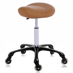 MCcursor Hydraulic Saddle Stool with Wheels Height Adjustable Stylish Ergonomic Rolling Swivel Chair for Hygienic Clinic Salon Tatoo Massage Office, in Camel