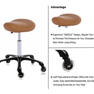 MCcursor Hydraulic Saddle Stool with Wheels Height Adjustable Stylish Ergonomic Rolling Swivel Chair for Hygienic Clinic Salon Tatoo Massage Office, in Camel