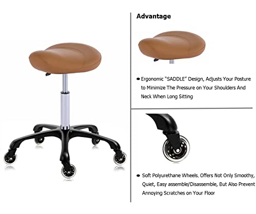 MCcursor Hydraulic Saddle Stool with Wheels Height Adjustable Stylish Ergonomic Rolling Swivel Chair for Hygienic Clinic Salon Tatoo Massage Office, in Camel