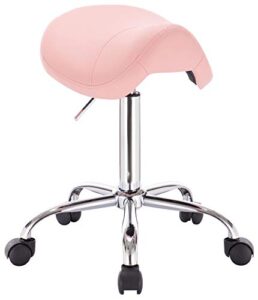 devlon northwest professional saddle stool series hydraulic swivel comfortable ergonomic with heavy duty metal base for clinic dentist spa massage salons studio (light pink)