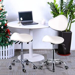 height adjustable saddle stool with back support, ergonomic hydraulic swivel rolling chair with removable backrest for beauty salon massage dental clinic office, white