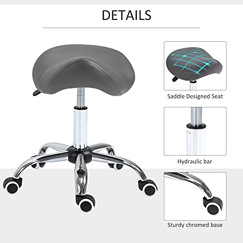 HOMCOM Ergonomic Rolling Saddle Stool PU Leather Hydraulic Spa Stool Height Adjustable Swivel Drafting Medical Salon Chair, Grey