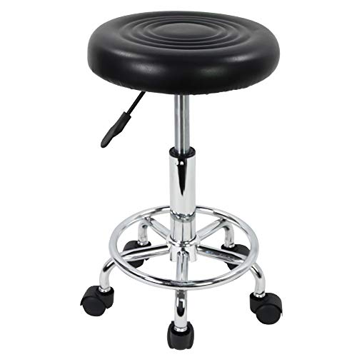 KKTONER PU Leather Modern Round Rolling Stool with Footrest Height Adjustable Spa Drafting Salon Tattoo Work Massage Stools Task Chair Small (Black)