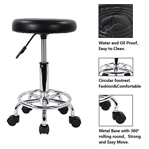 KKTONER PU Leather Modern Round Rolling Stool with Footrest Height Adjustable Spa Drafting Salon Tattoo Work Massage Stools Task Chair Small (Black)