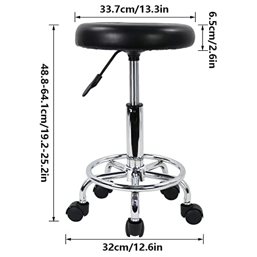 KKTONER PU Leather Modern Round Rolling Stool with Footrest Height Adjustable Spa Drafting Salon Tattoo Work Massage Stools Task Chair Small (Black)