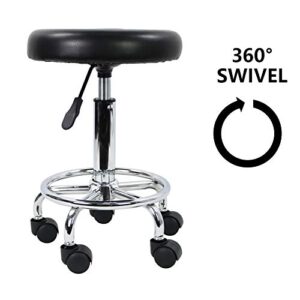 KKTONER PU Leather Modern Round Rolling Stool with Footrest Height Adjustable Spa Drafting Salon Tattoo Work Massage Stools Task Chair Small (Black)