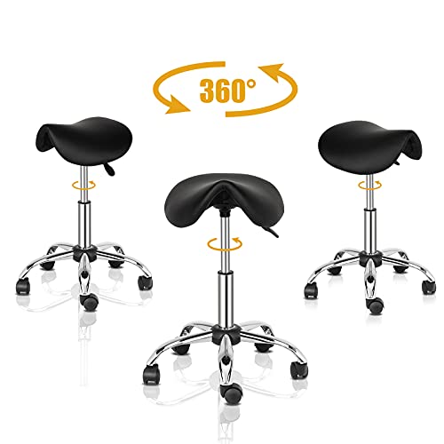 OmySalon Saddle Stool Rolling Chair, Ergonomic Saddle Chair with Swivel Wheels, Adjustable Hydraulic Stylist Cutting Stool for Tattoo Facial Massage Salon Medical Spa, Black