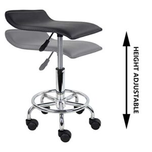 KKTONER Square Height Adjustable Rolling Stool with Foot Rest PU Leather Seat Cushion Spa Drafting Salon Tattoo Work Swivel Office Stools Task Chair Seat Length: 15.5", Width: 15.2" (Black)