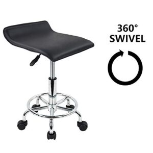 KKTONER Square Height Adjustable Rolling Stool with Foot Rest PU Leather Seat Cushion Spa Drafting Salon Tattoo Work Swivel Office Stools Task Chair Seat Length: 15.5", Width: 15.2" (Black)