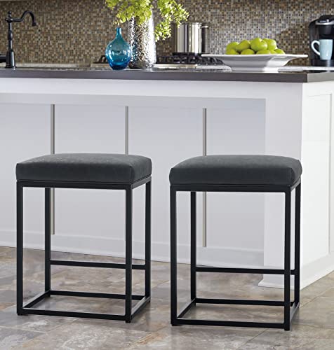 MAISON ARTS Black Counter Height 24" Bar Stools Set of 2 for Kitchen Counter Backless Modern Square Barstools Upholstered Faux Leather Stools Farmhouse Island Chairs,Support 330 LBS,(24 Inch,Black)