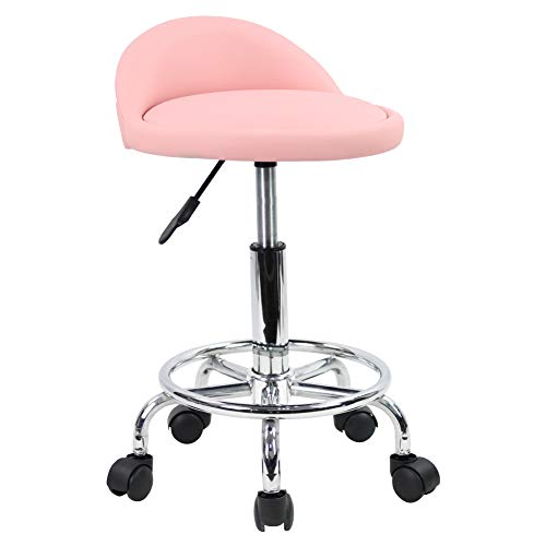 KKTONER PU Leather Round Rolling Stool with Foot Rest Height Adjustable Swivel Drafting Work SPA Task Chair with Wheels (Pink)