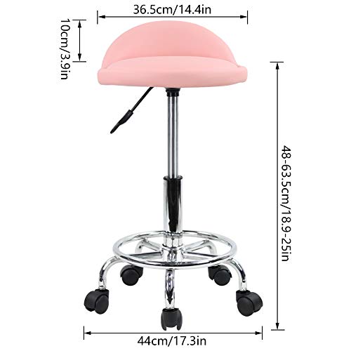 KKTONER PU Leather Round Rolling Stool with Foot Rest Height Adjustable Swivel Drafting Work SPA Task Chair with Wheels (Pink)