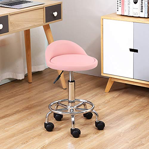 KKTONER PU Leather Round Rolling Stool with Foot Rest Height Adjustable Swivel Drafting Work SPA Task Chair with Wheels (Pink)