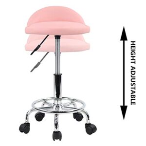 KKTONER PU Leather Round Rolling Stool with Foot Rest Height Adjustable Swivel Drafting Work SPA Task Chair with Wheels (Pink)