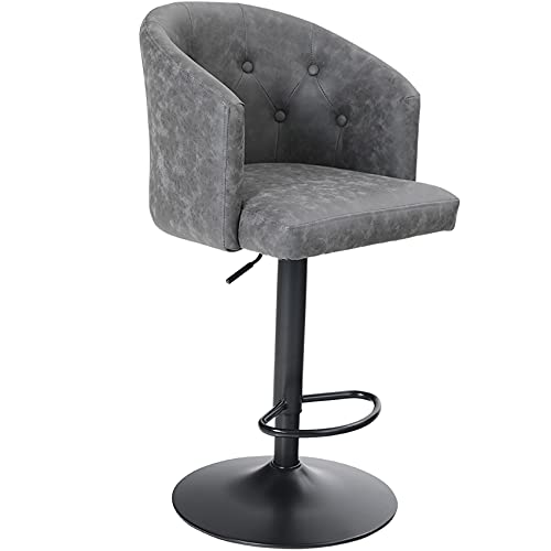 ALPHA HOME Swivel Bar Stool Adjustable Airlift Counter Height Bar Stool Kitchen Dining Cafe Hydraulic PU Leather Bar Chair with Padded Back and Chromed Metal Base, Grey.1PC