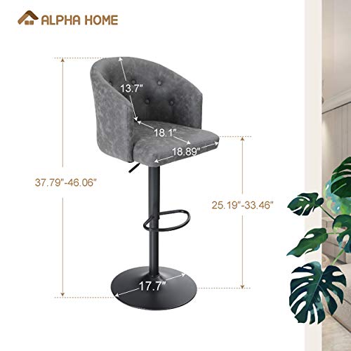 ALPHA HOME Swivel Bar Stool Adjustable Airlift Counter Height Bar Stool Kitchen Dining Cafe Hydraulic PU Leather Bar Chair with Padded Back and Chromed Metal Base, Grey.1PC