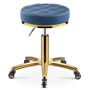 fengflaw rolling stool swivel salon beauty chair adjustment hairdresser round leather cushion with wheels and gold stainless steel base for spa work office massage manicure tattoo task chair,blue