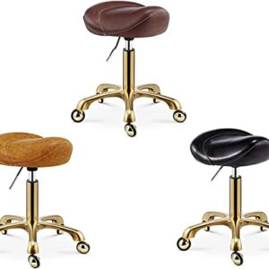 Bar Stool Adjustable Swivel Lift Saddle Stool Beauty Barber Shop Manicure Work Chair with Gold Stainless Steel Base Rolling Dining Chair Desk Office Chair for Kitchen Salon,Dark brown