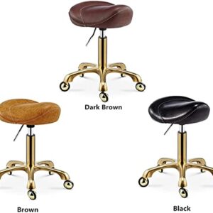 Bar Stool Adjustable Swivel Lift Saddle Stool Beauty Barber Shop Manicure Work Chair with Gold Stainless Steel Base Rolling Dining Chair Desk Office Chair for Kitchen Salon,Dark brown