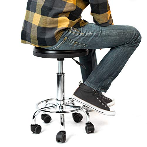 MOUNT-IT! Adjustable Stool with Wheels [Leather Round Cushion] Backless Rolling Doctor Stools, Hydraulic Swivel Chair for Spa, Salon, Medical Office, Tattoo, Home, Car Shop, Massage (Black)