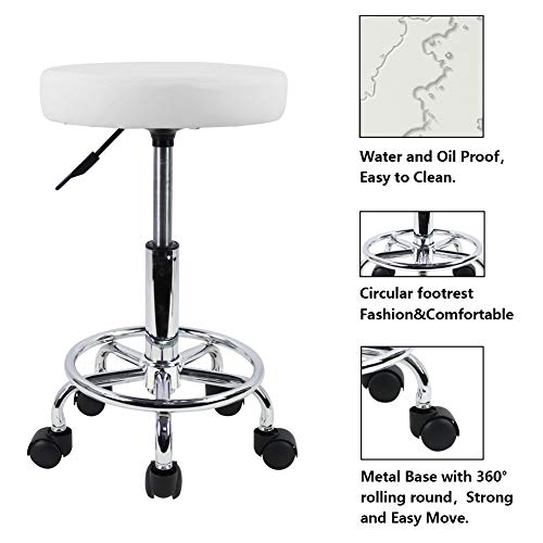 KKTONER PU Leather Round Rolling Stool with Foot Rest Swivel Height Adjustment Spa Drafting Salon Tattoo Work Office Massage Stools Task Chair White Small (White)