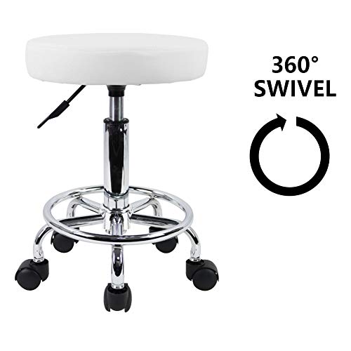 KKTONER PU Leather Round Rolling Stool with Foot Rest Swivel Height Adjustment Spa Drafting Salon Tattoo Work Office Massage Stools Task Chair White Small (White)