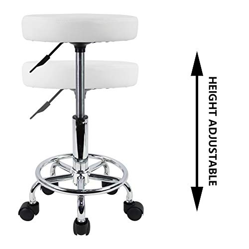 KKTONER PU Leather Round Rolling Stool with Foot Rest Swivel Height Adjustment Spa Drafting Salon Tattoo Work Office Massage Stools Task Chair White Small (White)