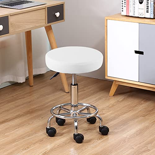 KKTONER PU Leather Round Rolling Stool with Foot Rest Swivel Height Adjustment Spa Drafting Salon Tattoo Work Office Massage Stools Task Chair White Small (White)