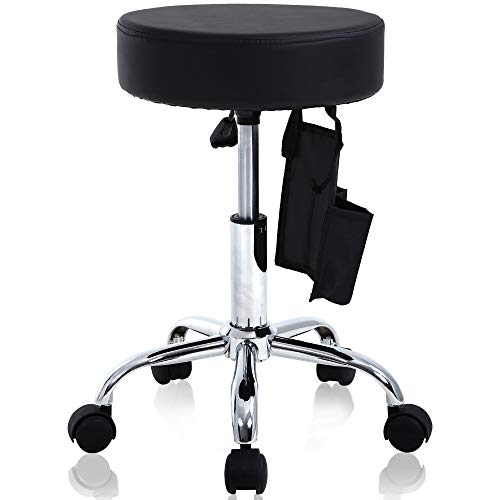 Rolling Stool Adjustable Height Hydraulic Swivel Stool with Wheels & Storage Bag, PU Leather Tattoo Facial Massage Spa Salon Stool Medical Stool, Black