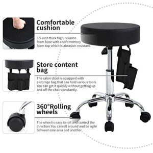 Rolling Stool Adjustable Height Hydraulic Swivel Stool with Wheels & Storage Bag, PU Leather Tattoo Facial Massage Spa Salon Stool Medical Stool, Black