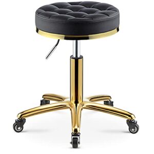little poor rolling stool swivel salon beauty chair adjustment hairdresser round leather cushion with wheels and gold stainless steel base for spa work office massage manicure tattoo task chair,black