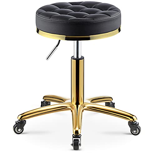 Little Poor Rolling Stool Swivel Salon Beauty Chair Adjustment Hairdresser Round Leather Cushion with Wheels and Gold Stainless Steel Base for Spa Work Office Massage Manicure Tattoo Task Chair,Black