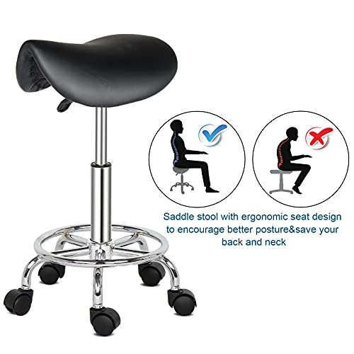 FRITHJILL Bar Stool,Rolling Hydraulic Ergonomic Saddle Seat Salon Barber Chair Saddle Stool Pedicure/Manicure Nail Technician Massage Stool | Black