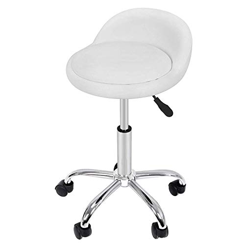 HomGarden Adjustable Hydraulic Rolling Swivel Stool for Massage Salon Office Facial Spa Medical Tattoo Chair Stool w/Backrest Cushion & Wheels (White 1pcs)