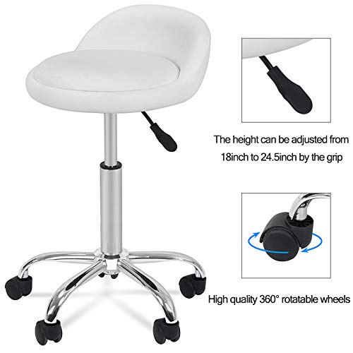 HomGarden Adjustable Hydraulic Rolling Swivel Stool for Massage Salon Office Facial Spa Medical Tattoo Chair Stool w/Backrest Cushion & Wheels (White 1pcs)