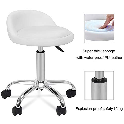 HomGarden Adjustable Hydraulic Rolling Swivel Stool for Massage Salon Office Facial Spa Medical Tattoo Chair Stool w/Backrest Cushion & Wheels (White 1pcs)