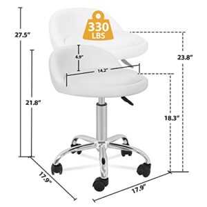 HomGarden Adjustable Hydraulic Rolling Swivel Stool for Massage Salon Office Facial Spa Medical Tattoo Chair Stool w/Backrest Cushion & Wheels (White 1pcs)