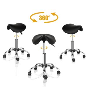 omysalon saddle stool rolling chair, ergonomic saddle chair with swivel wheels, adjustable hydraulic stylist cutting stool for tattoo facial massage salon medical spa, black