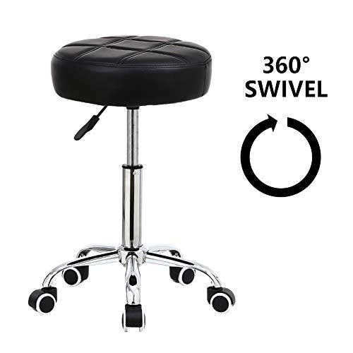 KKTONER Round Rolling Stool Chair PU Leather Height Adjustable Shop Stool Swivel Drafting Work SPA Salon Stools with Wheels Office Chair (Black)