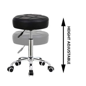KKTONER Round Rolling Stool Chair PU Leather Height Adjustable Shop Stool Swivel Drafting Work SPA Salon Stools with Wheels Office Chair (Black)