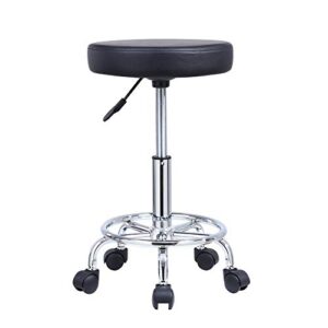 kktoner pu leather round rolling stool with foot rest swivel height adjustment spa drafting salon tattoo work office massage stools task chair cushion 14 inches (black)