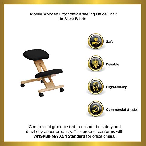 EMMA + OLIVER Mobile Wooden Ergonomic Kneeling Office Chair in Black Fabric