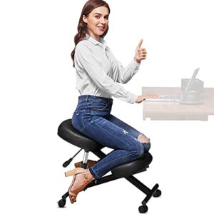 ergonomic kneeling chair, height adjustable stool with thick foam cushions and smooth gliding casters for home and office – improve posture to relieve neck & back pain, angled knee stool